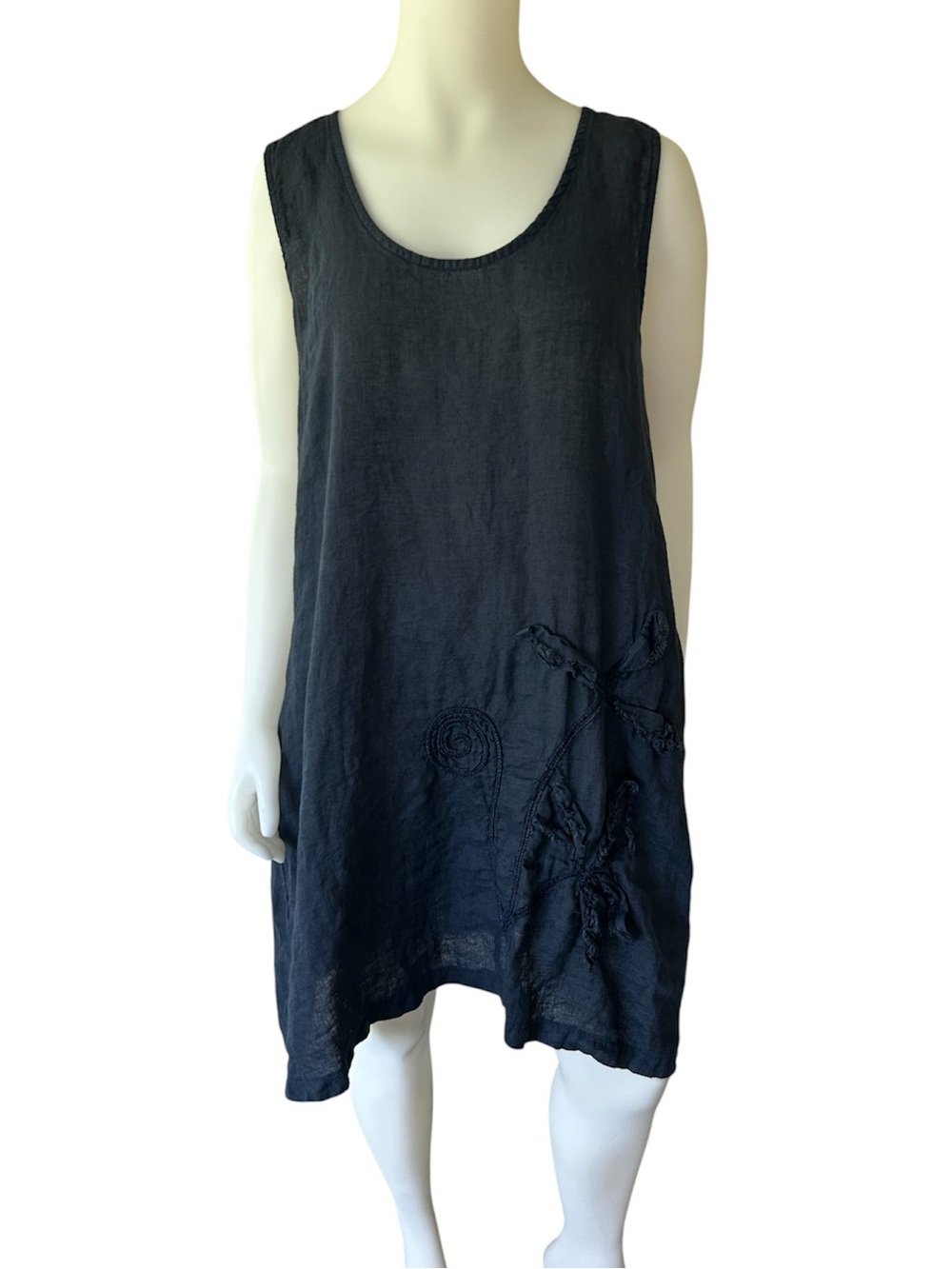 Linen Luv Midi Dress XL 100% Linen Lagenlook Appliqué Coastal